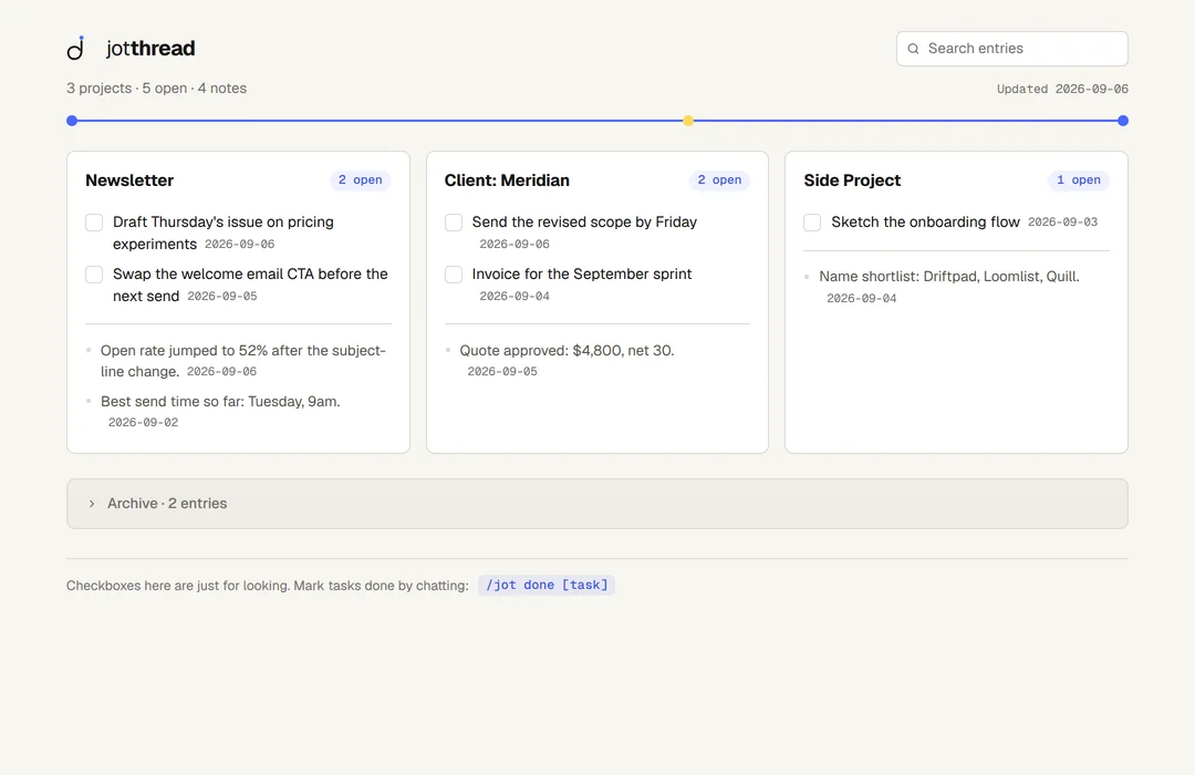 A Markdown task file rendered as a board in Claude: project cards with open tasks, notes, and an archive